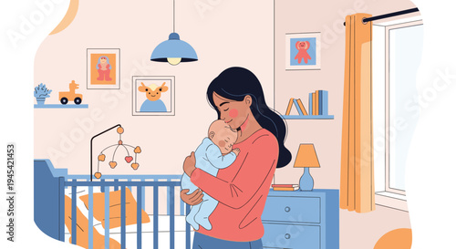 Affectionate mother holds her sleeping baby close in a cozy nursery room with a crib and soft decor in the background.
