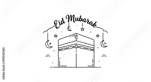 Line art illustration for Eid Mubarak featuring a sacred cubical building with crescent moons and stars, celebrating Islamic holidays.