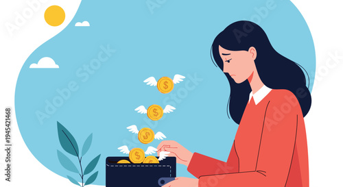 Sad woman looks down at her open wallet as golden coins with wings fly away into the sky representing financial loss or debt.