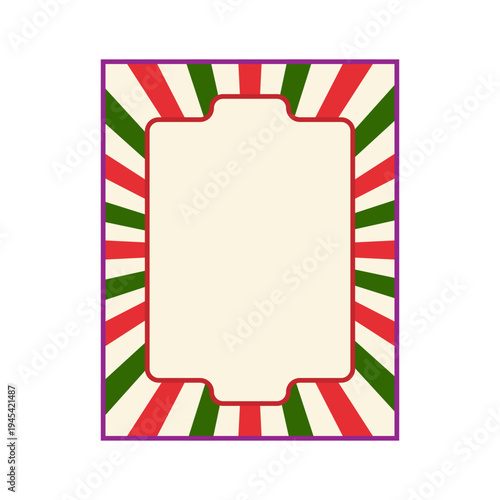 Blank rectangular page template displaying an outer border with radiating red, green, and cream stripes, creating a festive and classic fairground aesthetic for your text or artwork