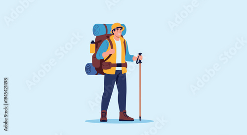 Adventurous male hiker with a large backpack and trekking poles stands ready for a journey against a solid light blue background.