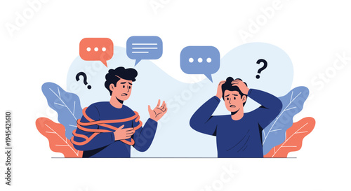 Two men look stressed and confused with question marks and speech bubbles around them while one is literally tied up in knots.