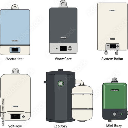 Create a realistic kinds of deferent Home electric heating boiler vector art with white background..
