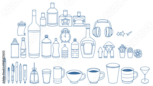 Massive Collection of Household and Stationery Items Illustration in Hand Drawn Blue Line Art for Creative Design Projects.