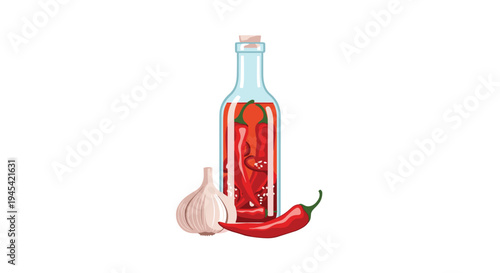 Glass bottle of spicy chili oil containing whole red peppers is shown next to a head of garlic and a fresh red chili pepper.