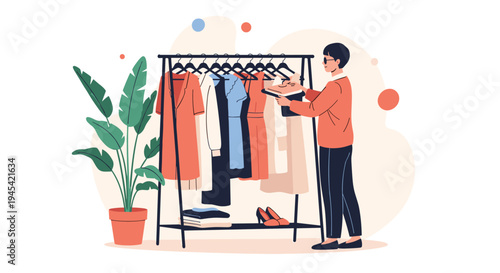 Young woman in glasses browses through a variety of colorful dresses on a clothing rack in a stylish fashion boutique store.