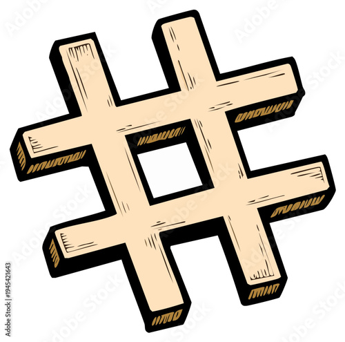 Illustration of Number Sign or Hash Symbol with Outline, Beige Tone, and Black Shadow
