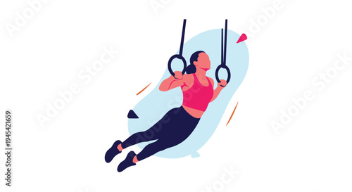 Athletic woman in sportswear performs a strength exercise using gymnastic rings against a minimalist light blue background shape.