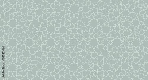 Elegant seamless Islamic geometric pattern background with intricate star shapes and traditional Arabic tessellation in muted blue-green.