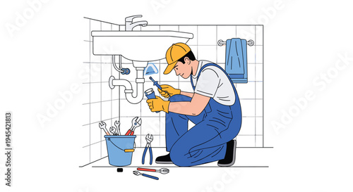 Skilled plumber wearing a blue uniform and yellow hard hat repairing a kitchen sink pipe with professional tools.