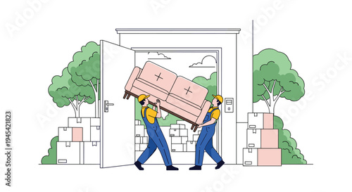 Two professional movers in blue overalls and yellow caps carefully carrying a large pink sofa out of a truck into a house.