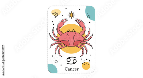 Artistic illustration of the Cancer zodiac sign represented by a pink crab on a decorative card with astrological symbols.