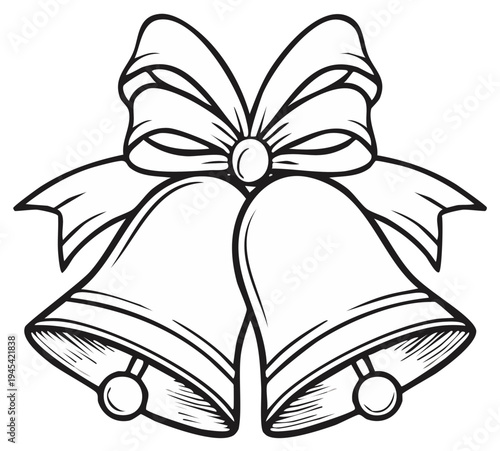 Christmas bells with ribbon bow decoration simple line drawing holiday celebration symbol
