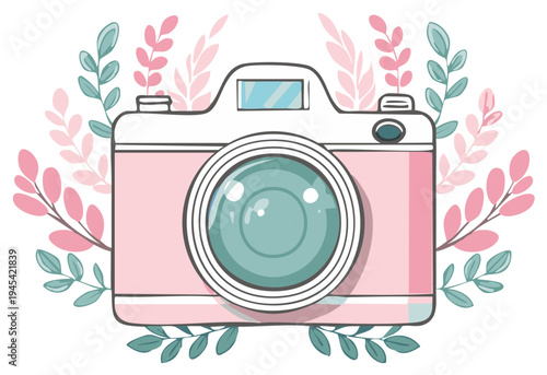 Hand Drawn Pink Camera Surrounded by Floral Branches Cute Illustration