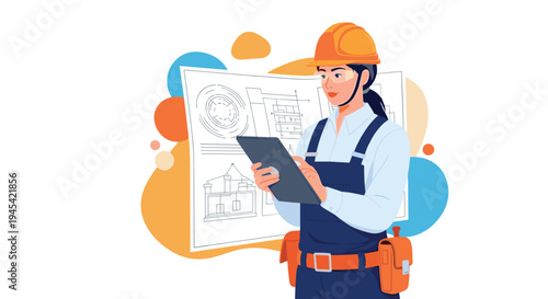 Professional female civil engineer wearing a hard hat and safety glasses checking architectural blueprints on a digital tablet.