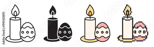 Easter candle and egg icon set. Linear outline with editable stroke, flat color fill, solid, and pixel art. Religious faith holiday symbols. Minimalist spiritual vector graphics bundle.