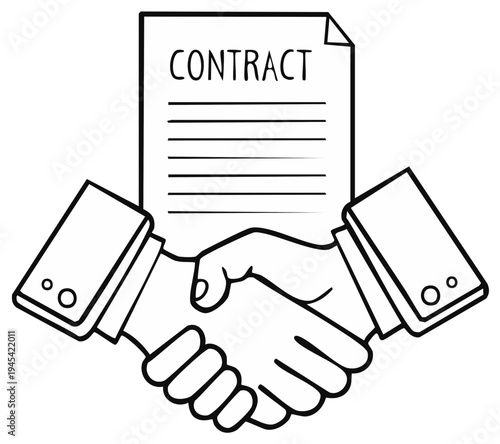 Business agreement handshake over contract document icon
