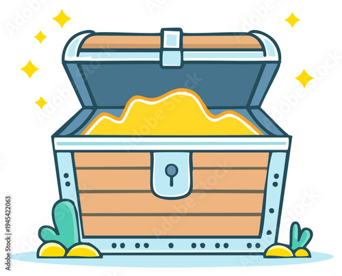 Cartoon Style Treasure Chest Full of Golden Treasure and Jewels
