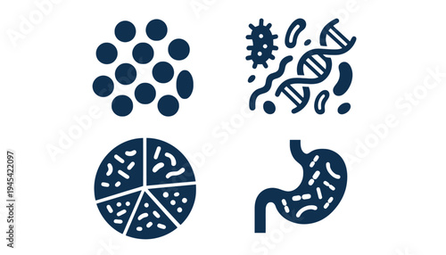 Microbiome vector icons set including bacteria and DNA illustrations