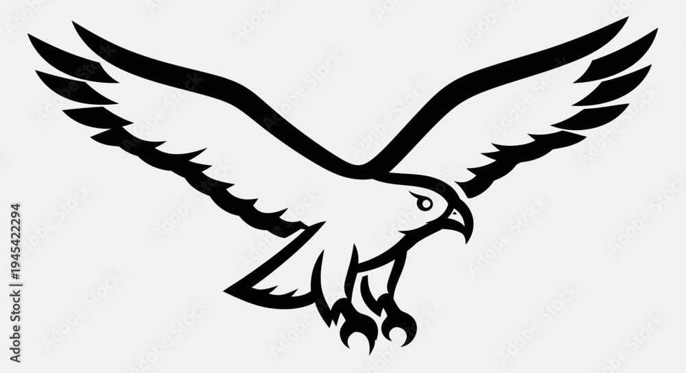 Fototapeta premium Majestic Flying Eagle or Hawk Silhouette Illustration. Powerful Bird of Prey with Spread Wings, Black and White Vector Art.