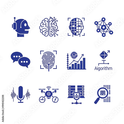 Technology and innovation icons: AI, brain, face recognition, algorithms, drones, and data, artificial intelligence, icon set