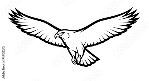 Majestic flying bird of prey with wings spread, a powerful black and white line art illustration representing freedom and strength.