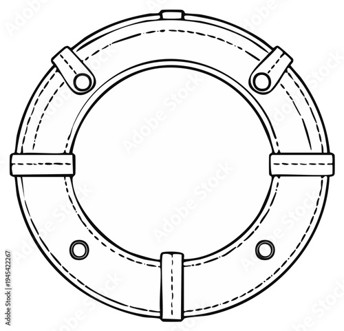 Circular safety ring or life preserver equipment drawing with stitched details and fasteners for rescue or water sports
