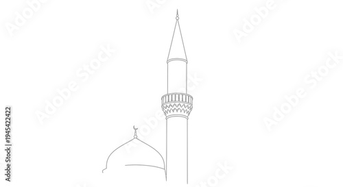 Minimalist line art illustration of a mosque minaret and dome, outline drawing of Islamic religious architecture.