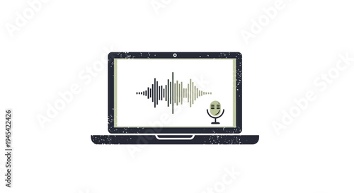 Laptop screen shows audio waveform and microphone icon, technology concept