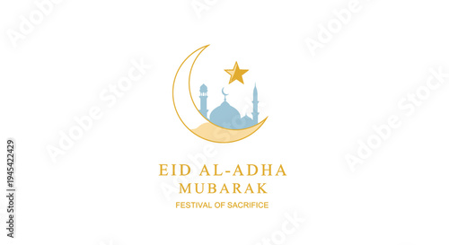 Eid al-Adha Mubarak greeting vector with crescent moon, mosque, and star for Islamic Festival of Sacrifice