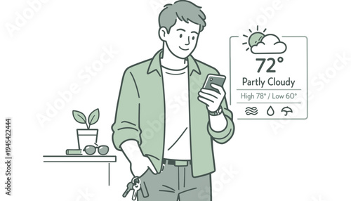 A man in green jacket checking phone with weather forecast displayed