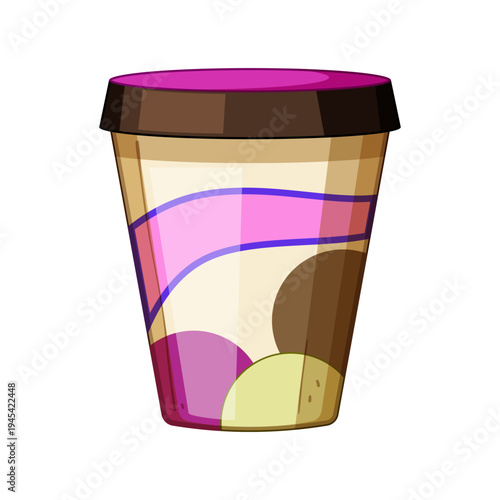 Ice cream container displaying scoops of different sweet dessert flavors like chocolate, vanilla, and berry, representing a refreshing snack or indulgent treat in a cartoon illustration style