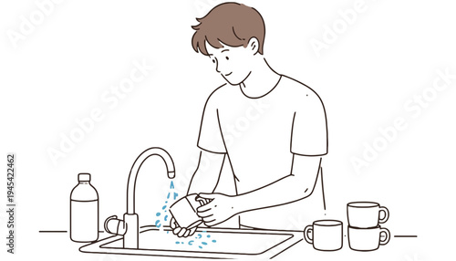 Man washing cup in kitchen sink with soap and water