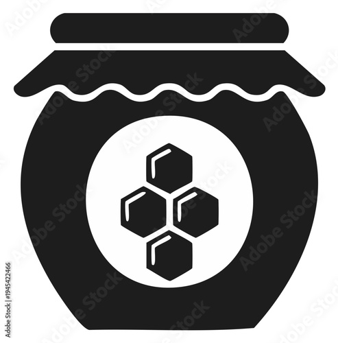Minimalist black icon of a rustic honey pot with a traditional honeycomb label design
