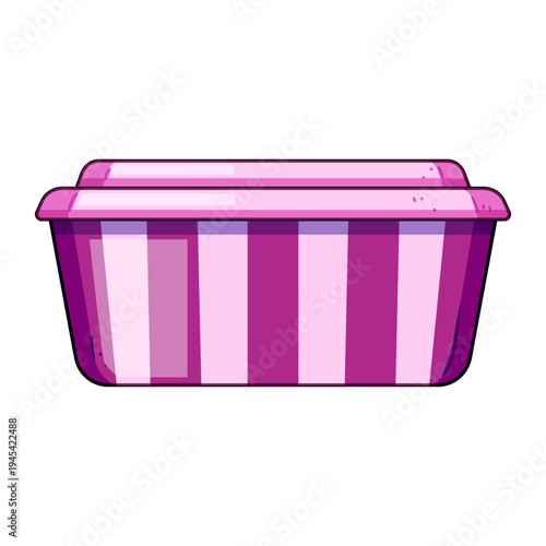 Pink and light pink striped rectangular plastic container with lid, ideal for storing ice cream, desserts, leftovers or meal prep in freezer or fridge, isolated on white background