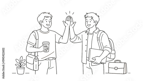Two young men greeting each other with a high five outdoors