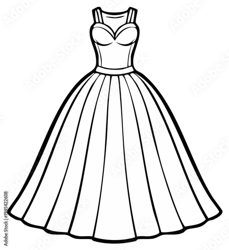 Elegant ballgown dress illustration, fashion design vector, bridal gown sketch, formal wear drawing, celebration