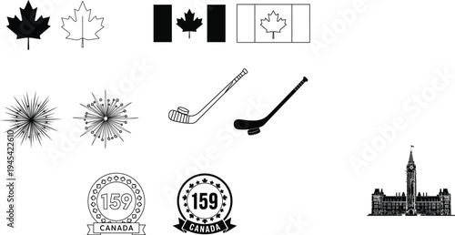 Canadian-themed vector set featuring hockey sticks, maple leaf flags, fireworks - Canada day