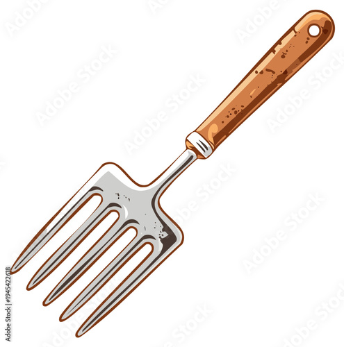 Illustration of a garden fork with a wooden handle, gardening tool isolated.