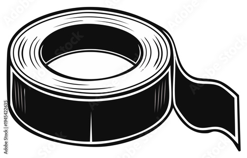 Stylized black and white illustration of a roll of adhesive tape with a strip pulled out