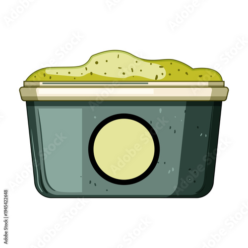 Ice cream tub of pistachio green frozen dessert with textured surface and empty circular label area, isolated on white for packaging, design and product mockups