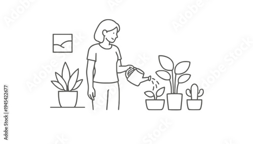 A woman watering plants in a minimalist indoor setting with a pink outfit