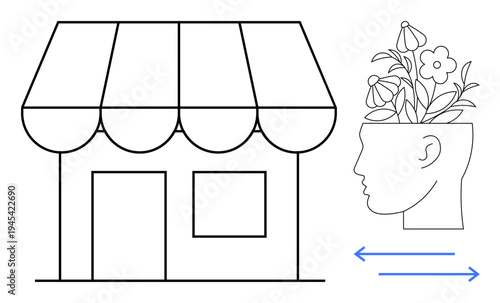 Shopfront alongside a human head with plants and flowers symbolizing creative ideas and sustainable growth. Ideal for entrepreneurship, small business, innovation, creativity, mental health