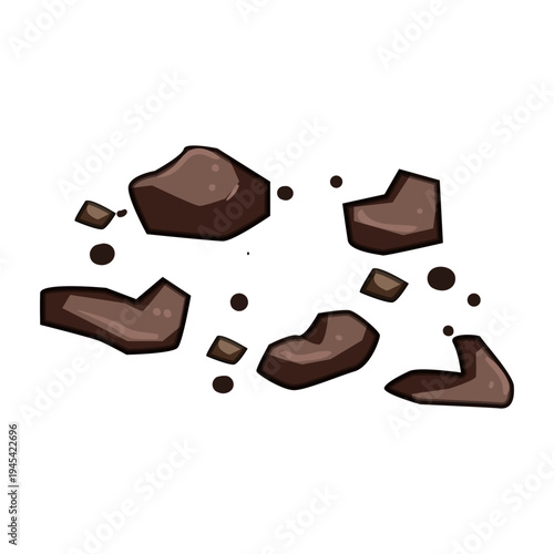 Small brown chocolate cookie crumbs and irregular pieces are falling or resting on a clean white background, creating a sweet, delicious, and edible bakery snack concept