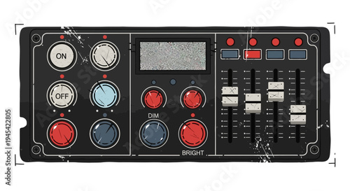 Vintage audio mixer panel with knobs, sliders, and display