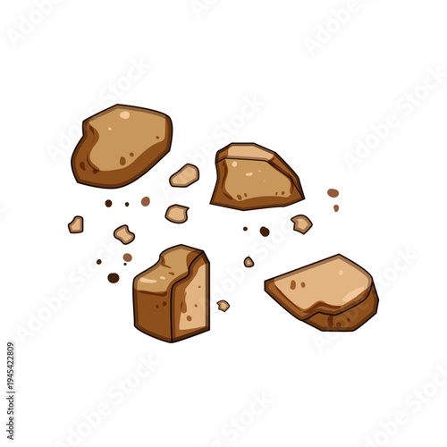 Cookie crumbs falling and scattered on white background, broken chocolate chip pieces and sugary fragments conveying baking mess, snack texture, and sweet treat decay