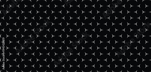 Seamless Geometric Pattern with White Abstract Tri-Star Shapes on Black Background, Modern Minimalist Vector Texture for Textile Design