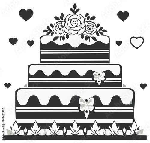 Elegant three tier wedding cake silhouette with a floral rose topper and love hearts illustration