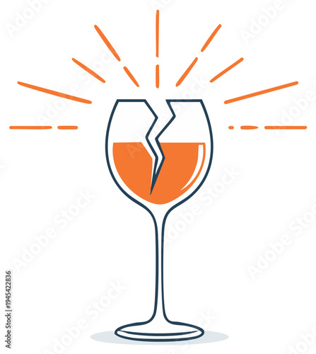 Damaged Wine Glass with Bright Rays Symbolizing Alcohol Addiction or Fragility