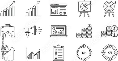 Business Analytics and Growth KPI Icon Set with Dashboard, Targeting, Financial Performance, and Progress Tracking Symbols